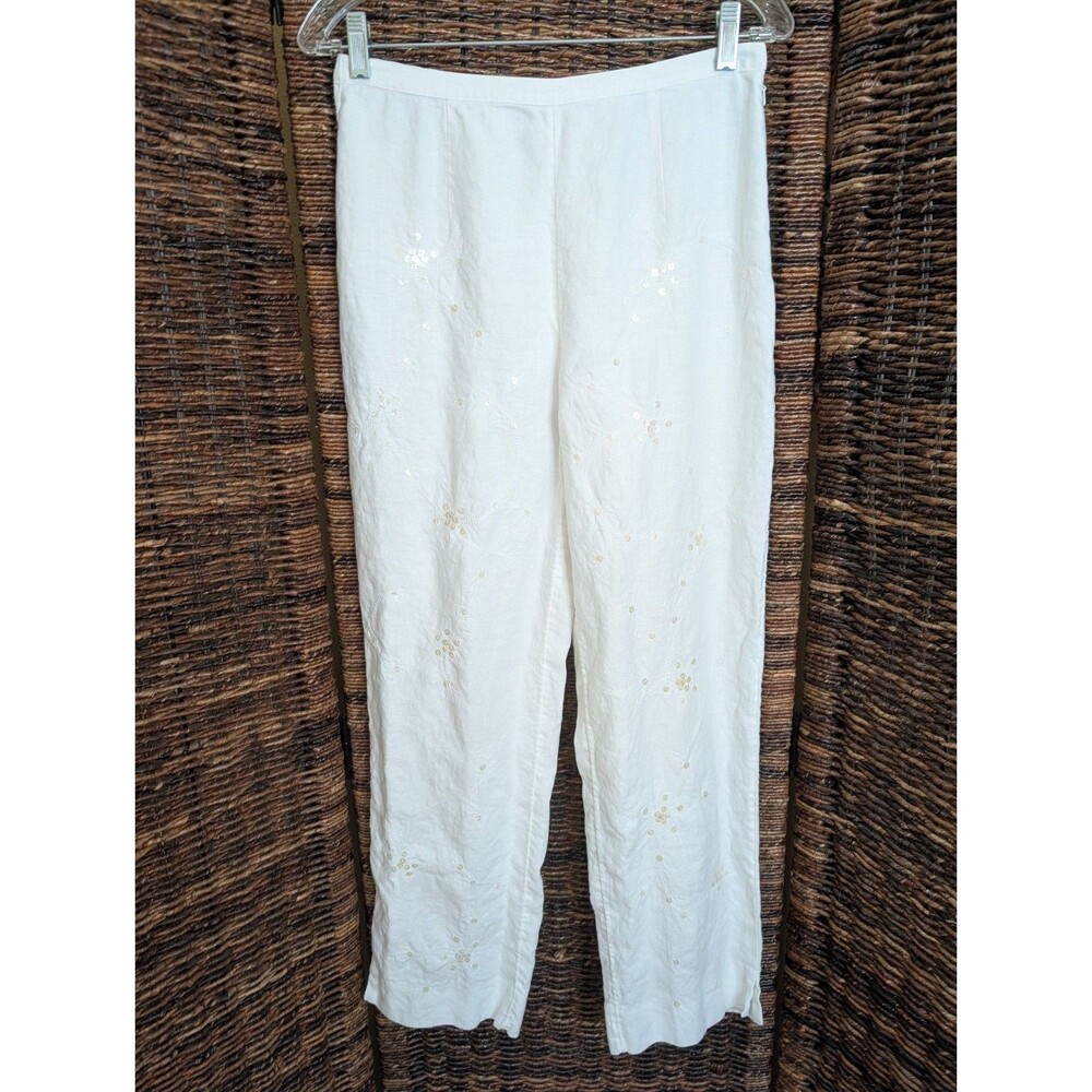 J. Jill 100% Linen Embroidered Sequin Straight Leg Pants 6 White Cottage Coastal
